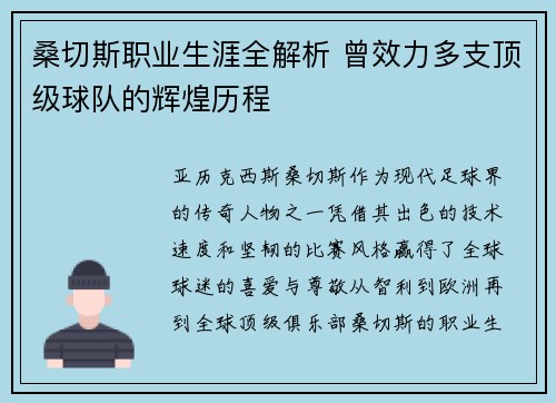 桑切斯职业生涯全解析 曾效力多支顶级球队的辉煌历程